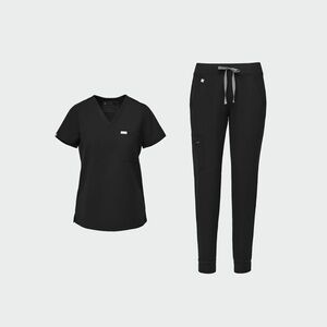 Women’s set of black figs Zamora jogger bottoms and Catarina one pocket top.